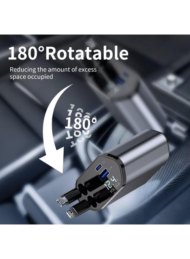 Arabest 120W Fast Charging Retractable Car Charger 4 in 1, 180°Rotation Car Phone Charger with 31.5" Cables, USB Type-C and Lightning, Car Charger Adapter for iPhone 17/16/15/14 /13/12,Android,Samsung - Image 3
