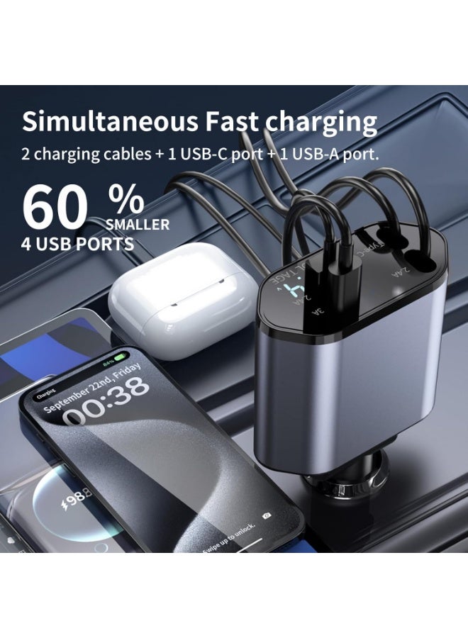 Arabest 120W Fast Charging Retractable Car Charger 4 in 1, 180°Rotation Car Phone Charger with 31.5" Cables, USB Type-C and Lightning, Car Charger Adapter for iPhone 17/16/15/14 /13/12,Android,Samsung - Image 2