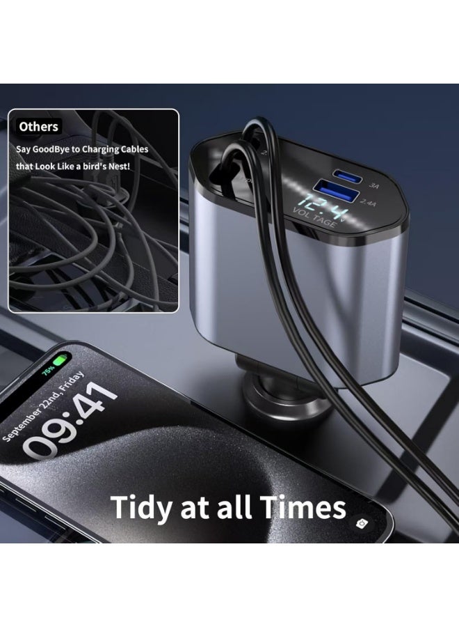 Arabest 120W Fast Charging Retractable Car Charger 4 in 1, 180°Rotation Car Phone Charger with 31.5" Cables, USB Type-C and Lightning, Car Charger Adapter for iPhone 17/16/15/14 /13/12,Android,Samsung - Image 4