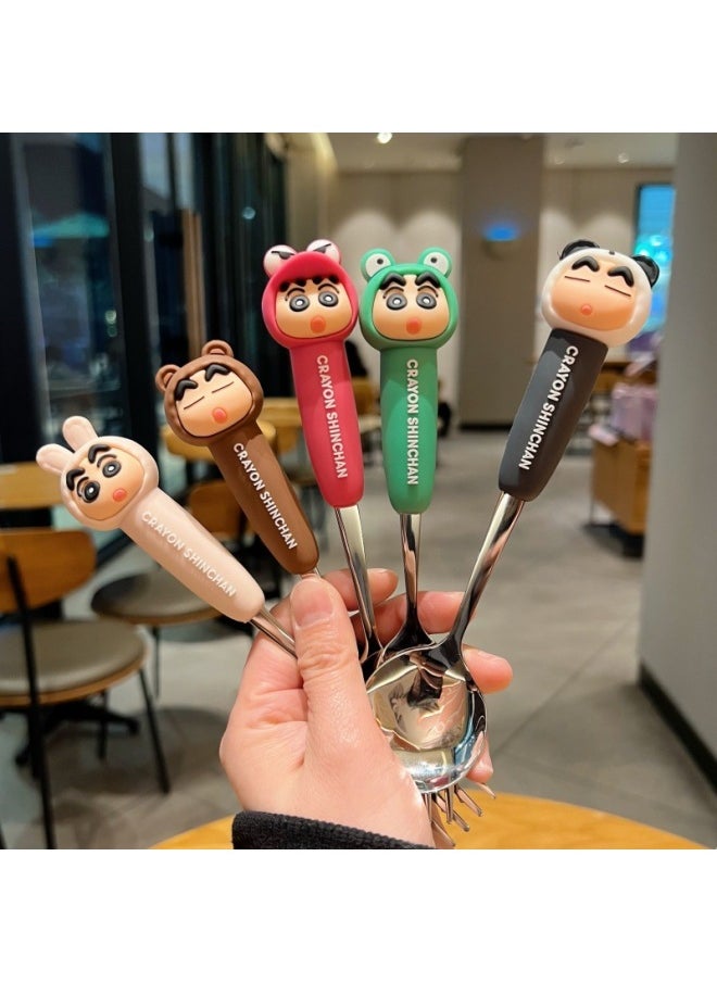 Generic - Crayon Xiao Xin Gao Yan Value Student Cartoon Spoon Fork 304 Stainless Steel Cute Fun Children's Tableware Gift Box Spoon Chopsticks Suit-Specification:Crayon Shin-chan-brown Spoon And Fork (brown Round Box) - Image 1