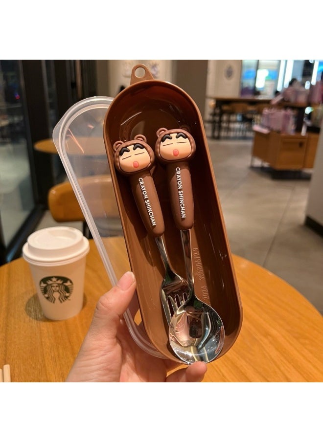 Generic - Crayon Xiao Xin Gao Yan Value Student Cartoon Spoon Fork 304 Stainless Steel Cute Fun Children's Tableware Gift Box Spoon Chopsticks Suit-Specification:Crayon Shin-chan-brown Spoon And Fork (brown Round Box) - Image 1