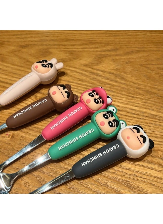 Generic - Crayon Xiao Xin Gao Yan Value Student Cartoon Spoon Fork 304 Stainless Steel Cute Fun Children's Tableware Gift Box Spoon Chopsticks Suit-Specification:Crayon Shin-chan-brown Spoon And Fork (brown Round Box) - Image 1