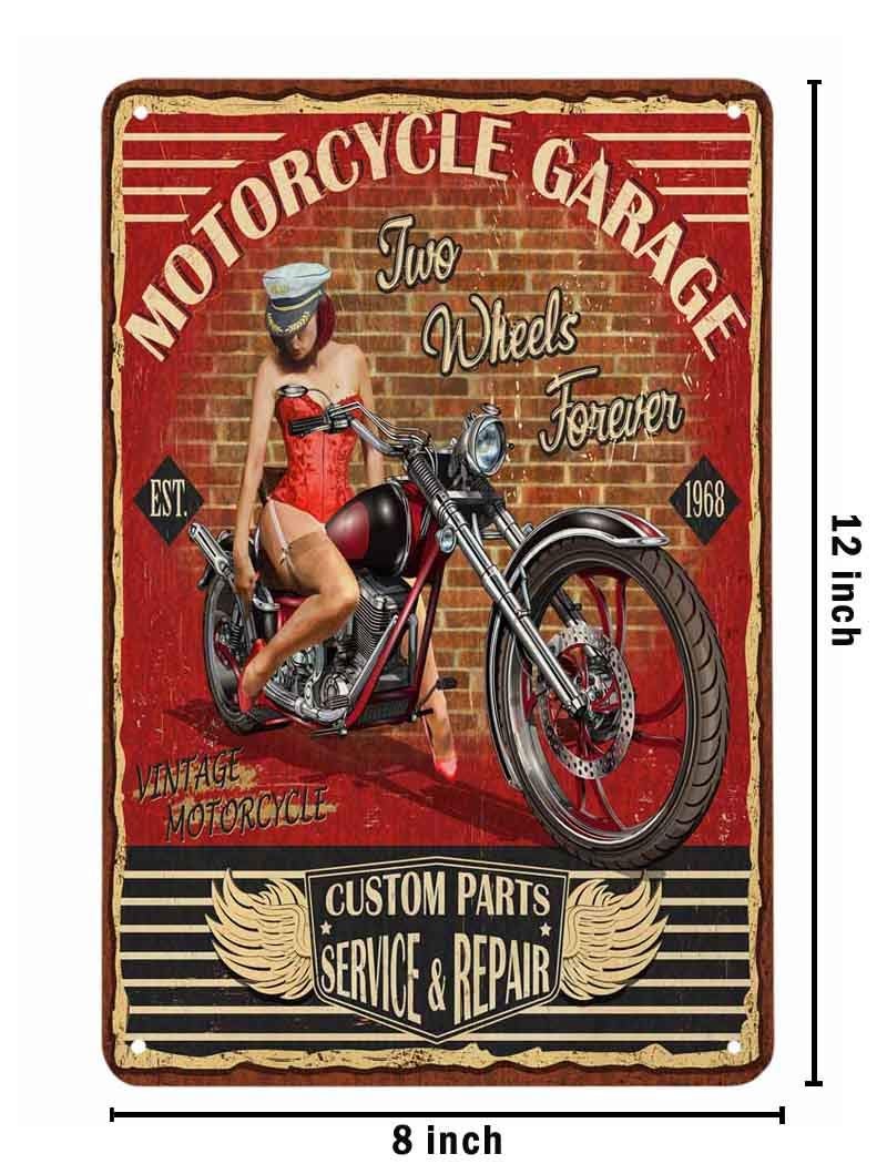 AOYEGO Pin Up Girl Motorcycle Tin Sign, Motor Garage Red Black Vintage Metal Tin Signs for Cafes Bars Pubs Shop Wall Decorative Funny Retro Signs for Men Women 8x12 Inch - Image 2