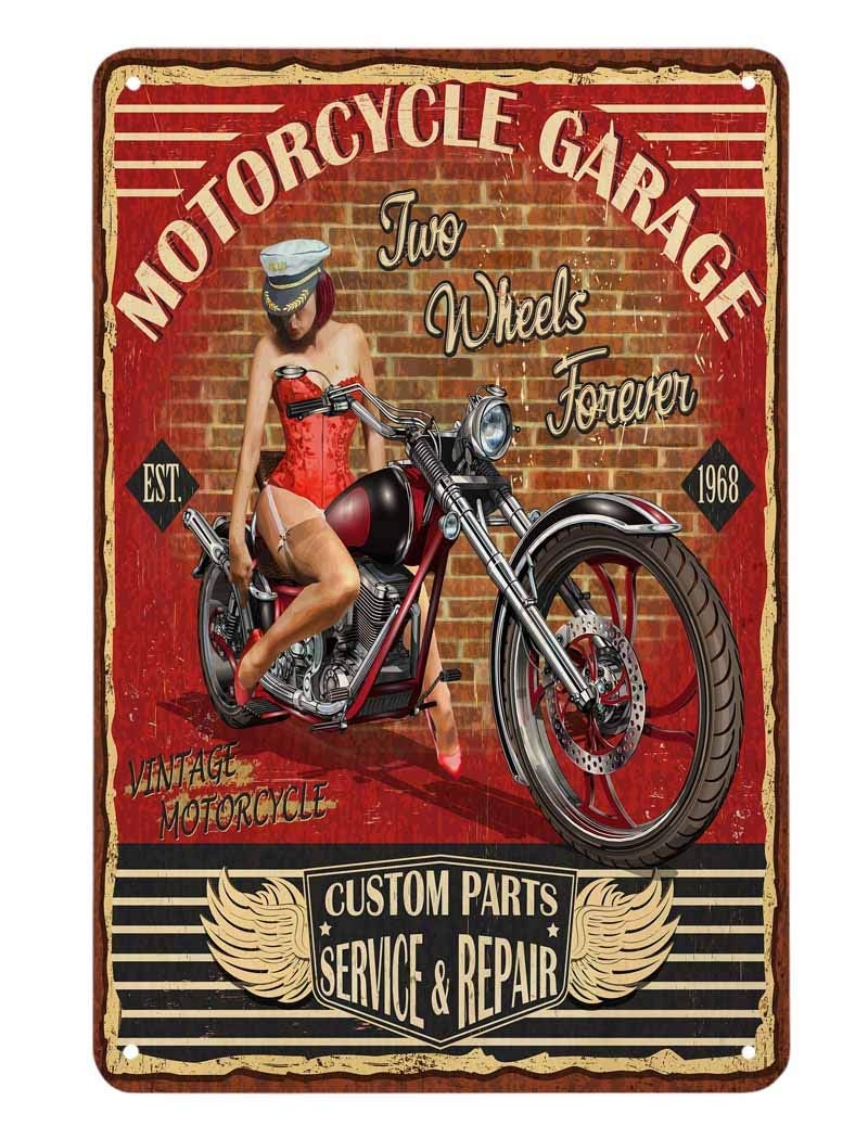 AOYEGO Pin Up Girl Motorcycle Tin Sign, Motor Garage Red Black Vintage Metal Tin Signs for Cafes Bars Pubs Shop Wall Decorative Funny Retro Signs for Men Women 8x12 Inch - Image 1