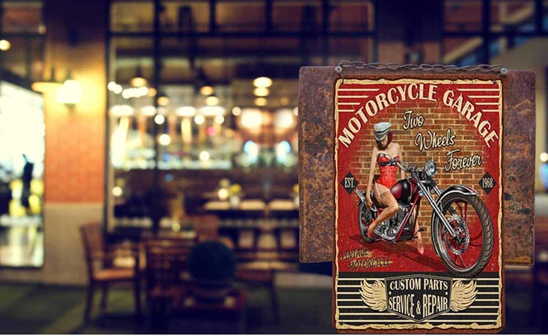 AOYEGO Pin Up Girl Motorcycle Tin Sign, Motor Garage Red Black Vintage Metal Tin Signs for Cafes Bars Pubs Shop Wall Decorative Funny Retro Signs for Men Women 8x12 Inch - Image 3