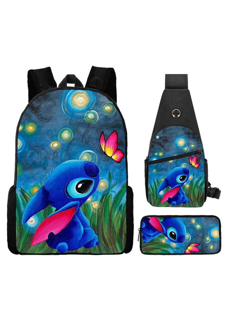 general 3-Piece Cartoon Stitch 3D Print Backpack Set - Image 1