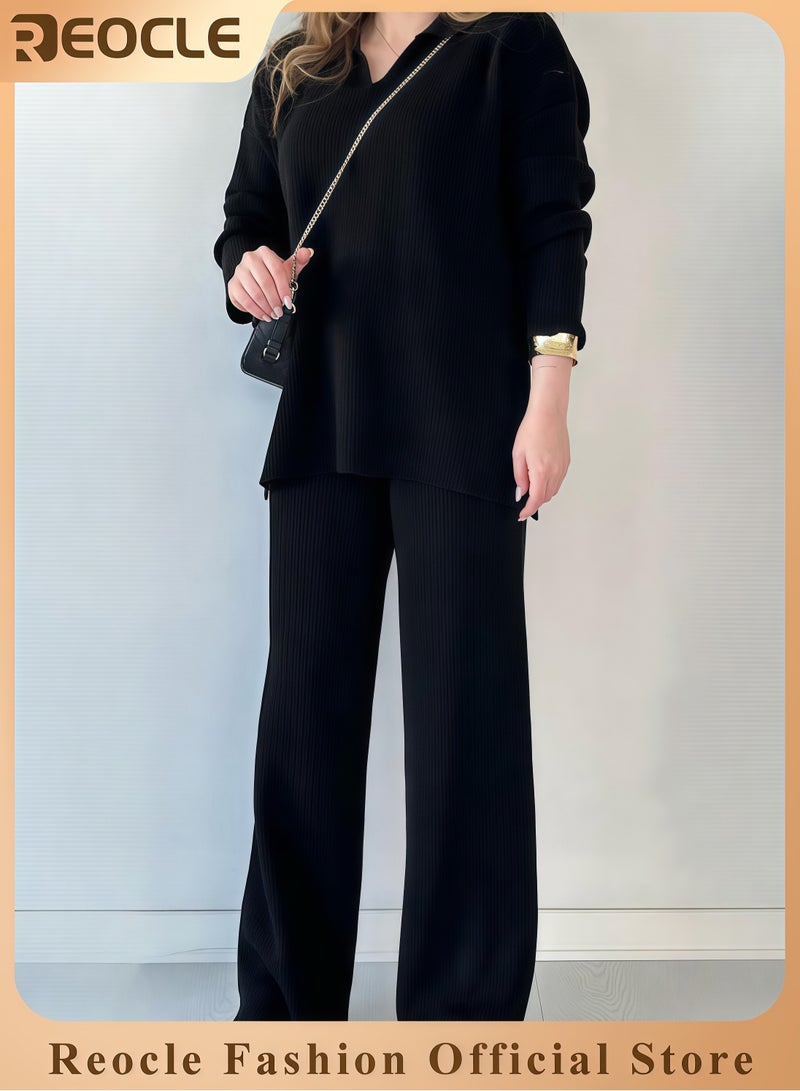 REOCLE Women's 2 Piece Outfit Sets V Neck Long Sleeve Knit Pullover Sweater and Wide Leg Pants Lounge Sets - Image 1