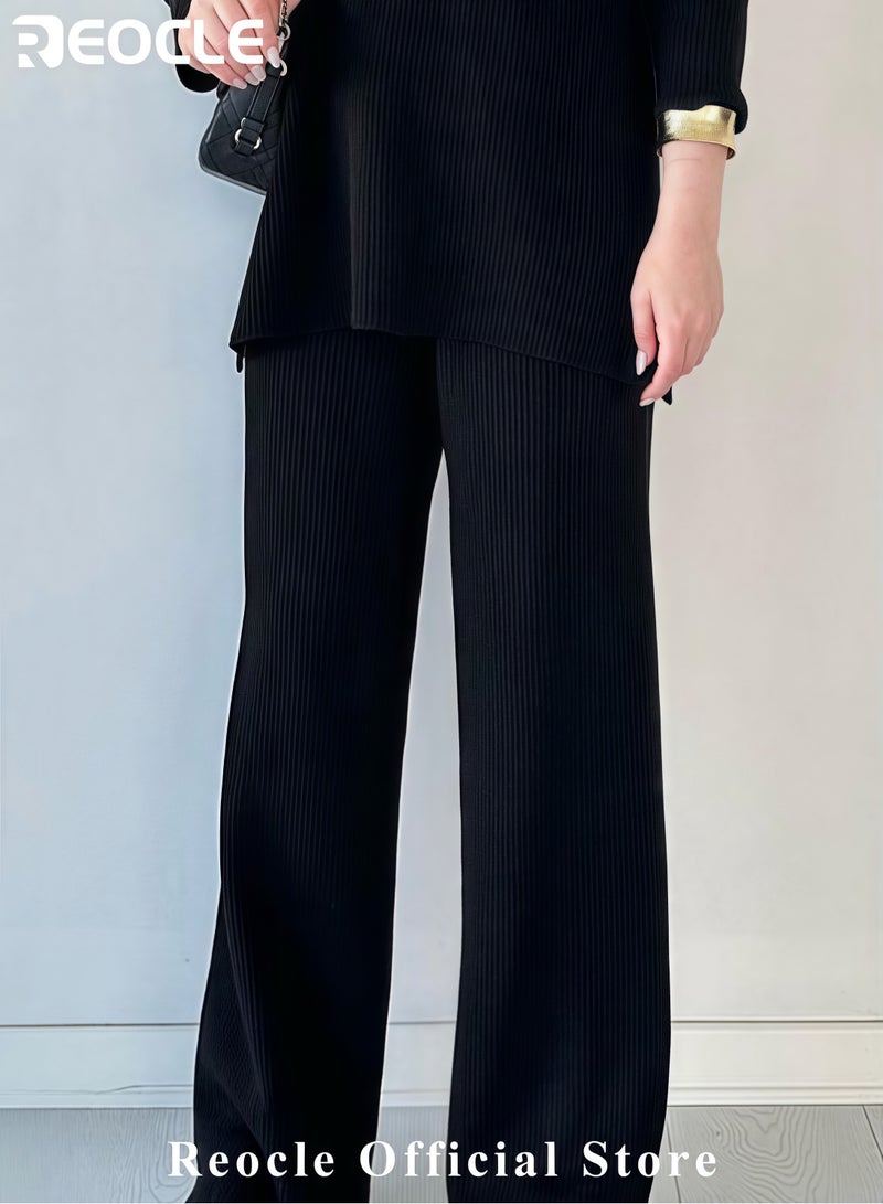 REOCLE Women's 2 Piece Outfit Sets V Neck Long Sleeve Knit Pullover Sweater and Wide Leg Pants Lounge Sets - Image 3