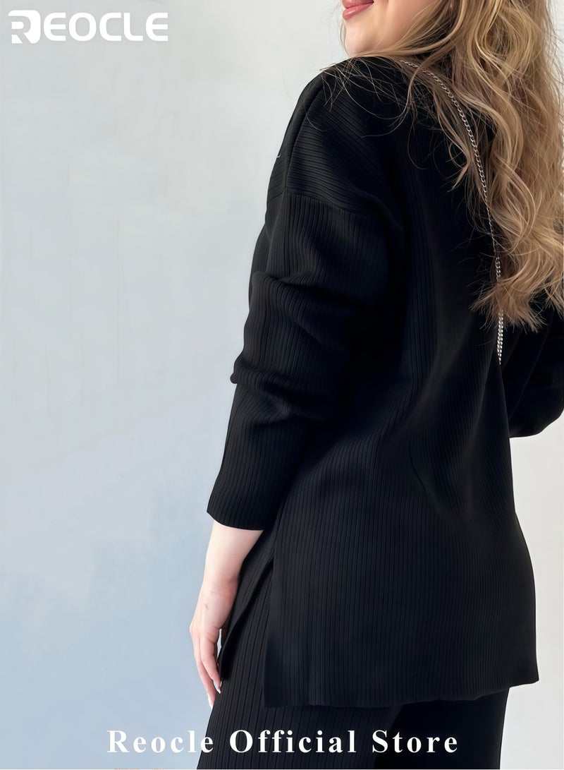 REOCLE Women's 2 Piece Outfit Sets V Neck Long Sleeve Knit Pullover Sweater and Wide Leg Pants Lounge Sets - Image 4