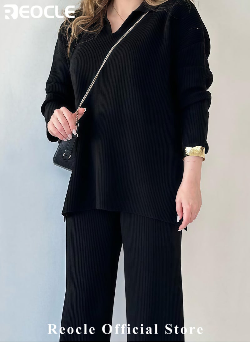 REOCLE Women's 2 Piece Outfit Sets V Neck Long Sleeve Knit Pullover Sweater and Wide Leg Pants Lounge Sets - Image 2