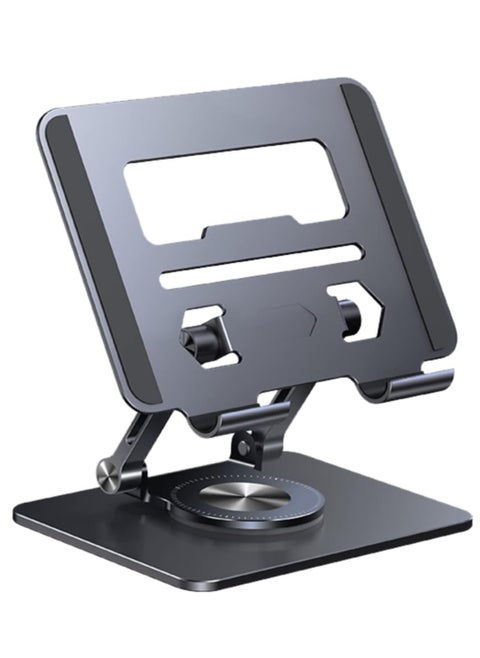Multi-Angle Rotating Foldable Desktop Tablet and Mobile Holder with Dual Support Bar Height Adjustable Aluminum Alloy, Dark Grey