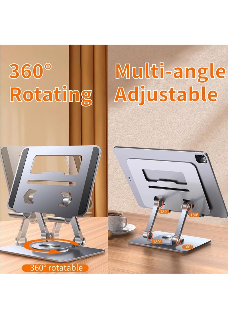 Multi-Angle Rotating Foldable Desktop Tablet and Mobile Holder with Dual Support Bar Height Adjustable Aluminum Alloy, Dark Grey