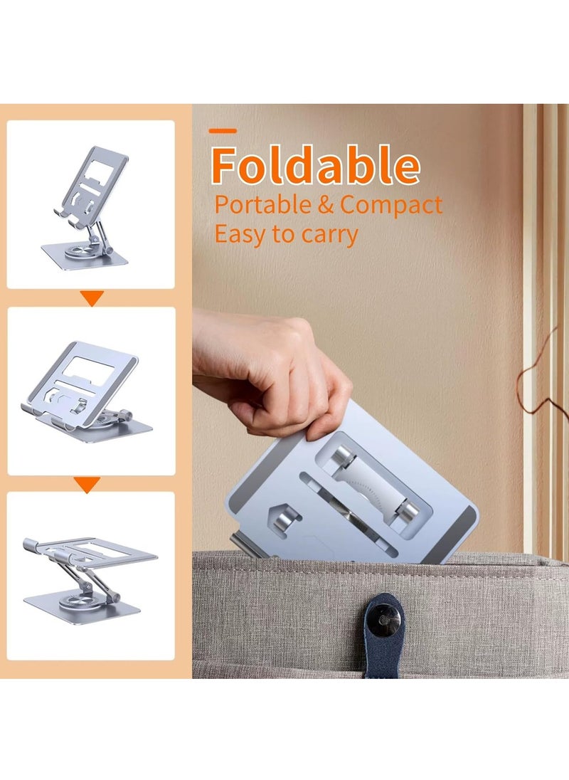 Multi-Angle Rotating Foldable Desktop Tablet and Mobile Holder with Dual Support Bar Height Adjustable Aluminum Alloy, Dark Grey