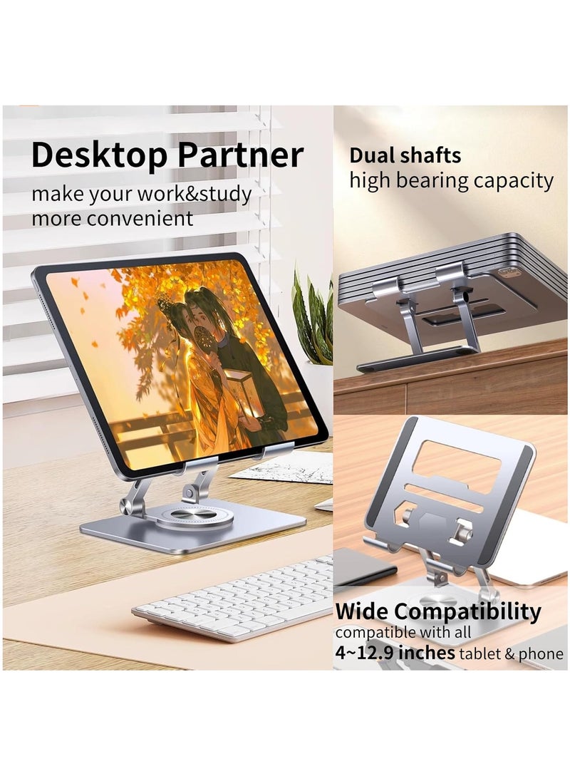 Multi-Angle Rotating Foldable Desktop Tablet and Mobile Holder with Dual Support Bar Height Adjustable Aluminum Alloy, Dark Grey