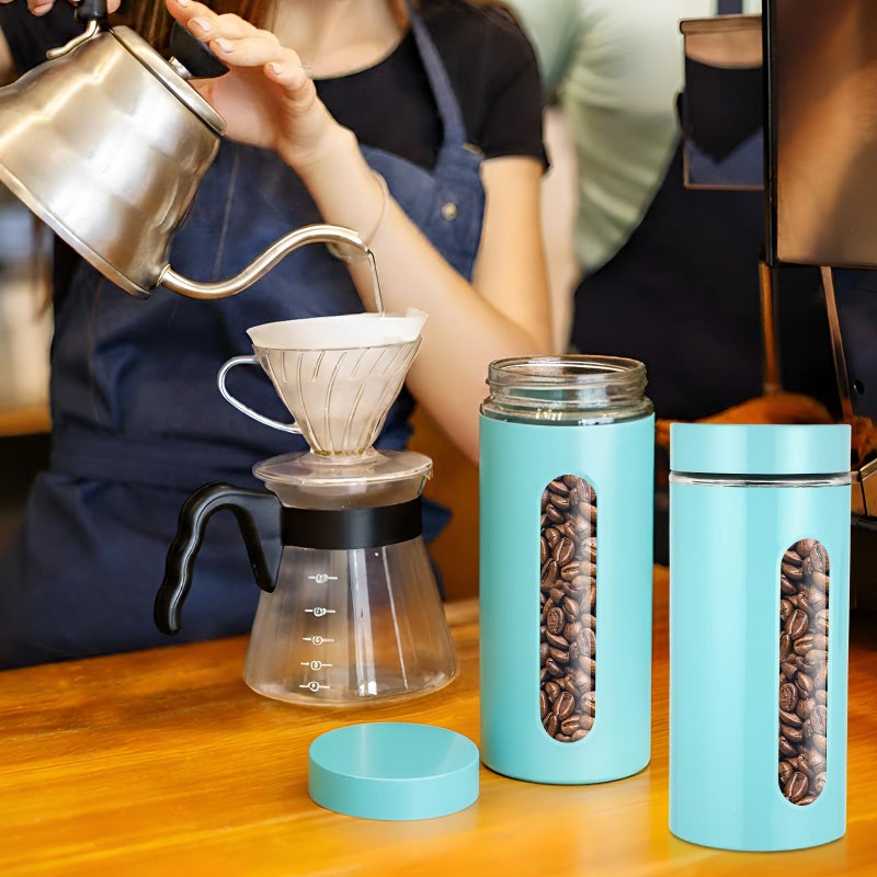 Mimorou 3 Pcs Stainless Steel Canister Set with Glass Windows Visible Storage Jars Silver Kitchen Canister Set for Pasta Flour Oat Sugar Container, Kitchen Tools, Housewarming Gifts(Turquoise,44 oz) - Image 5