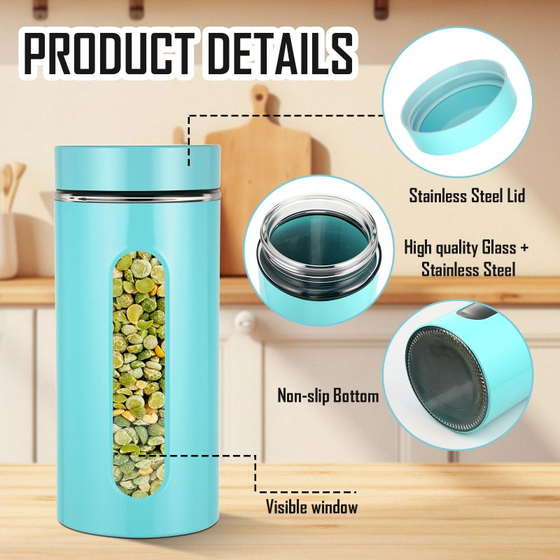Mimorou 3 Pcs Stainless Steel Canister Set with Glass Windows Visible Storage Jars Silver Kitchen Canister Set for Pasta Flour Oat Sugar Container, Kitchen Tools, Housewarming Gifts(Turquoise,44 oz) - Image 3