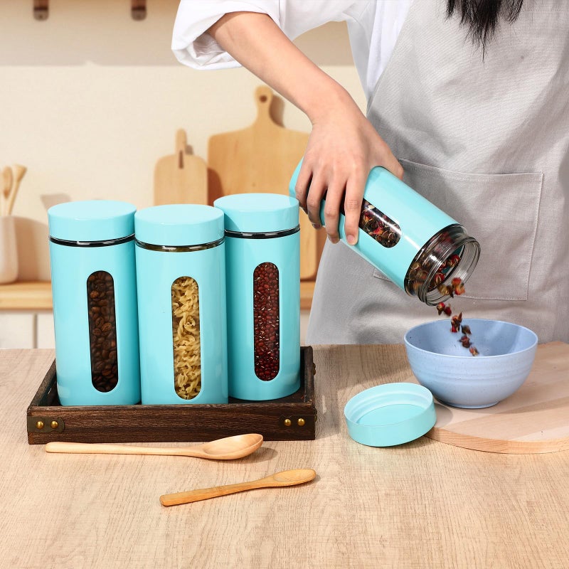 Mimorou 3 Pcs Stainless Steel Canister Set with Glass Windows Visible Storage Jars Silver Kitchen Canister Set for Pasta Flour Oat Sugar Container, Kitchen Tools, Housewarming Gifts(Turquoise,44 oz) - Image 4