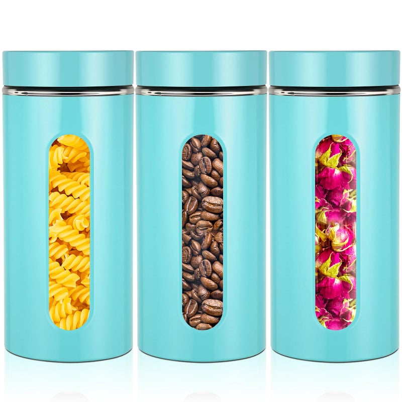 Mimorou 3 Pcs Stainless Steel Canister Set with Glass Windows Visible Storage Jars Silver Kitchen Canister Set for Pasta Flour Oat Sugar Container, Kitchen Tools, Housewarming Gifts(Turquoise,44 oz) - Image 1
