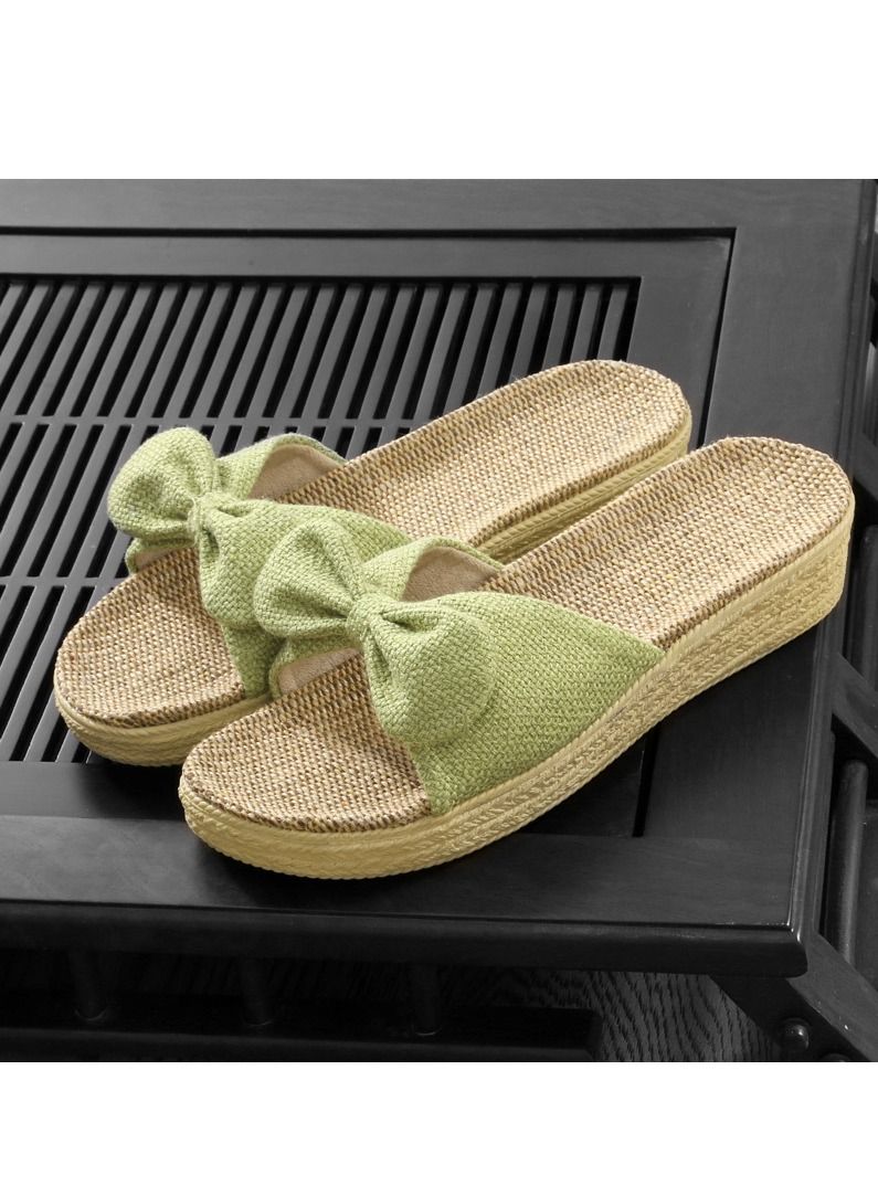 Loquat Women's Solid Color Bowknot Thick Soled Flax Slippers Non Slip Linen Indoor Slippers Open Toe Light Green 