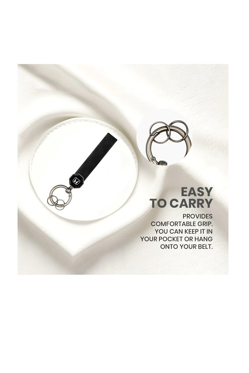 Honda Leather Keychain – Premium Car Key Holder with 360° Rotation, Portable Spring Ring, Soft Leather Strap – Black - Image 4