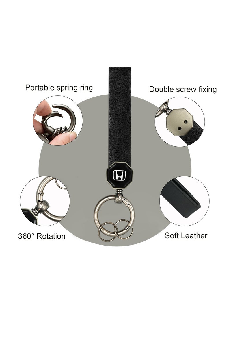 Honda Leather Keychain – Premium Car Key Holder with 360° Rotation, Portable Spring Ring, Soft Leather Strap – Black - Image 3