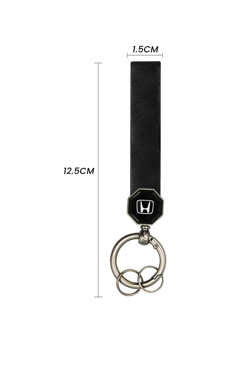 Honda Leather Keychain – Premium Car Key Holder with 360° Rotation, Portable Spring Ring, Soft Leather Strap – Black - Image 2