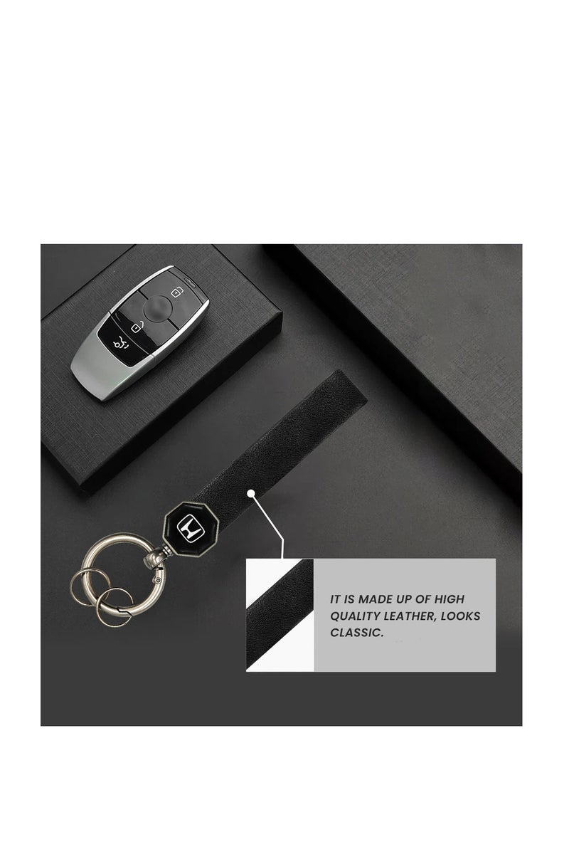 Honda Leather Keychain – Premium Car Key Holder with 360° Rotation, Portable Spring Ring, Soft Leather Strap – Black - Image 1