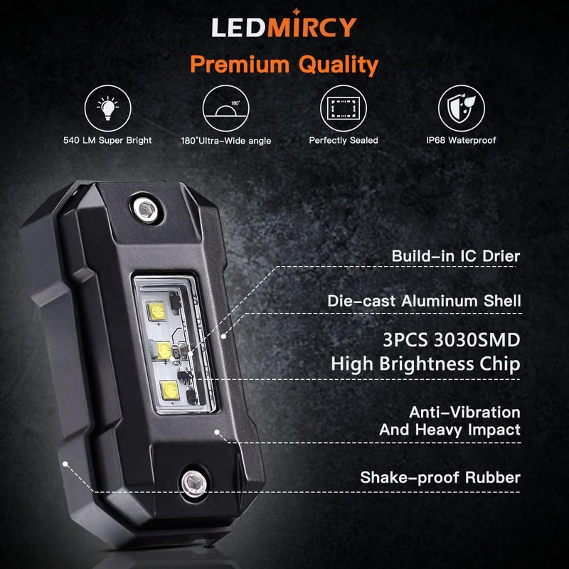 LEDMIRCY أضواء LEDMIRCY LED الصخرية البيضاء R4 12 قطعة لشاحنات الطرق الوعرة UTV SUV RZR ATV تحتية عالية الطاقة مسار أضواء بيضاء نقية تحت الهيكل مقاومة للماء السيارات القوارب - Image 4