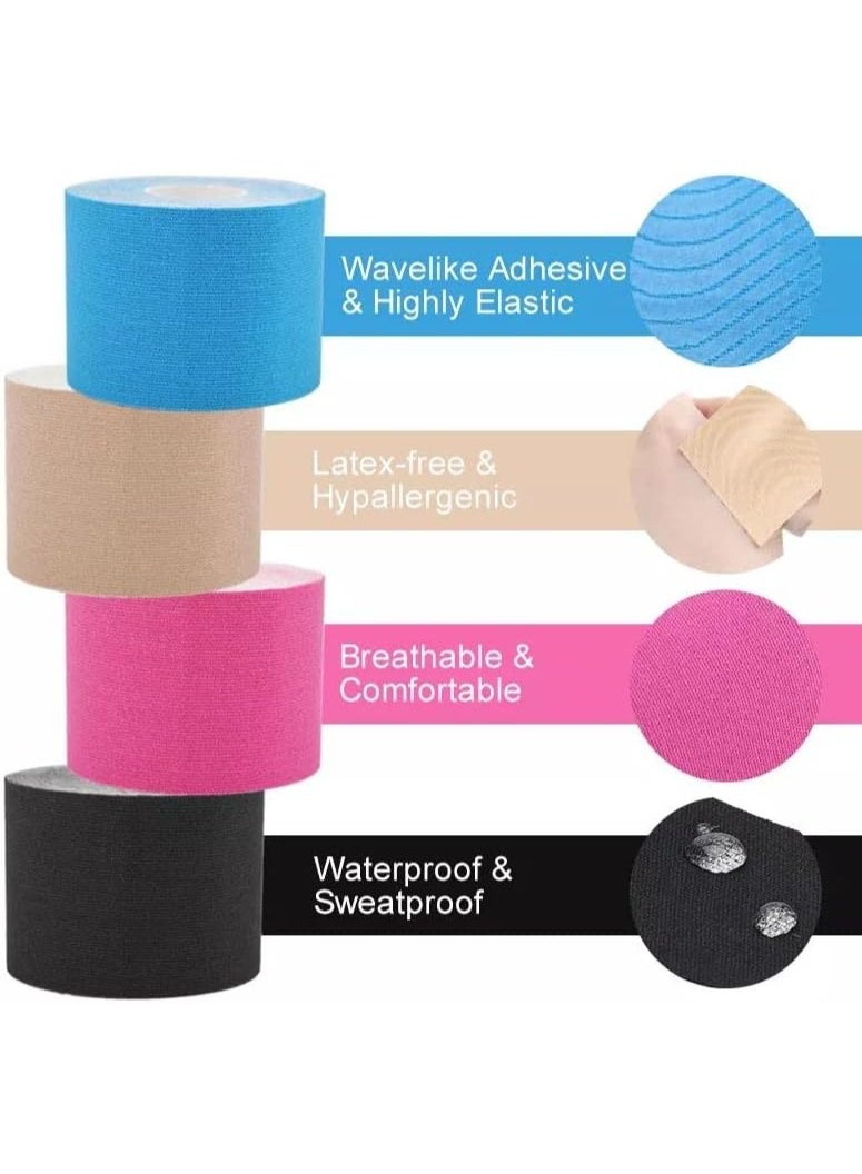 DIOTTI 4 Rolls Waterproof Latex Free Kinesiology Tape, Sports Recovery Tape for Muscle Support and Pain Relief (5cm x 5m x 4Rolls) - Image 2
