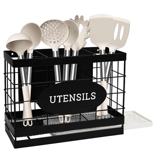 Vivise Magnetic Utensil Holder for Fridge Large Silverware Organizer Kitchen Utensil Organizer with Draining Kitchen Counter Sturdy Black Metal Cooking Caddy Storage for Silicone Spatula Fork Spoon - Image 1