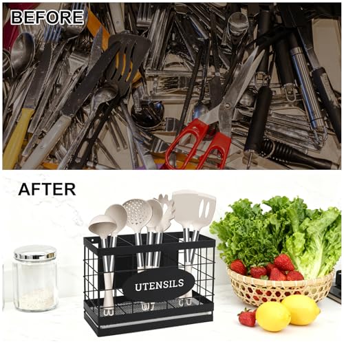 Vivise Magnetic Utensil Holder for Fridge Large Silverware Organizer Kitchen Utensil Organizer with Draining Kitchen Counter Sturdy Black Metal Cooking Caddy Storage for Silicone Spatula Fork Spoon - Image 5