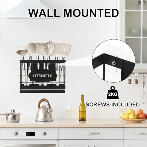 Vivise Magnetic Utensil Holder for Fridge Large Silverware Organizer Kitchen Utensil Organizer with Draining Kitchen Counter Sturdy Black Metal Cooking Caddy Storage for Silicone Spatula Fork Spoon - Image 4