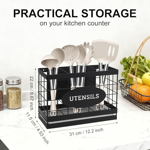 Vivise Magnetic Utensil Holder for Fridge Large Silverware Organizer Kitchen Utensil Organizer with Draining Kitchen Counter Sturdy Black Metal Cooking Caddy Storage for Silicone Spatula Fork Spoon - Image 2
