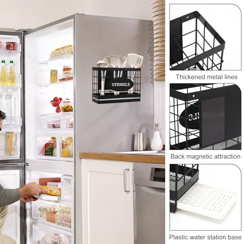 Vivise Magnetic Utensil Holder for Fridge Large Silverware Organizer Kitchen Utensil Organizer with Draining Kitchen Counter Sturdy Black Metal Cooking Caddy Storage for Silicone Spatula Fork Spoon - Image 3