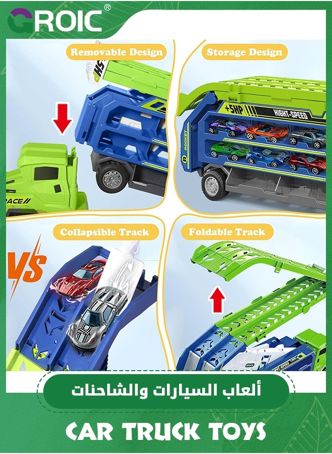 GROIC Racing Car Track Truck Toy,Car Truck Toys,Car Carrier Truck Toys for Kids,Foldable Car Track Sets with 2.8-Ft Race Track and 6 Die-Cast Race Cars, Transport Carrier Trucks  - Image 3