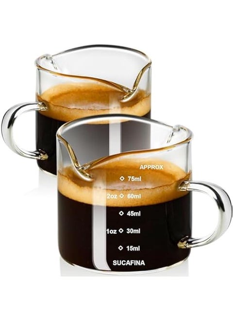 Espresso Cup with Handle set of 2, Double Spout Glass Measuring Cup with Dual Scale, Espresso Shot Glass with V-Shaped Mouth, Clear Glass Milk Frothing Pitcher, Espresso Accessories