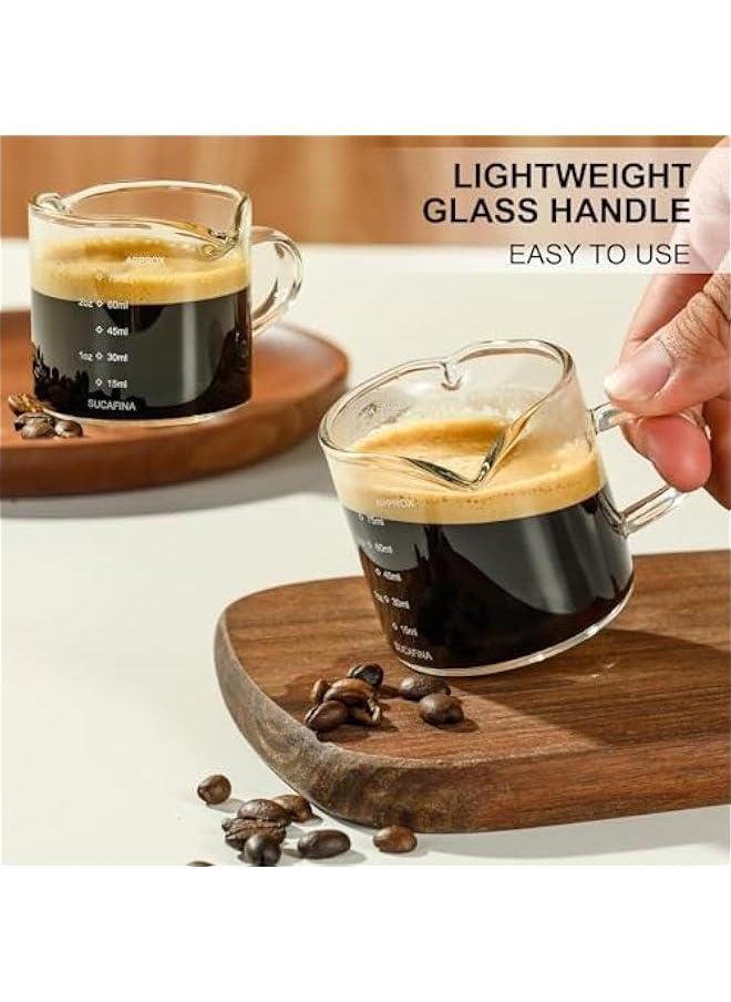 Espresso Cup with Handle set of 2, Double Spout Glass Measuring Cup with Dual Scale, Espresso Shot Glass with V-Shaped Mouth, Clear Glass Milk Frothing Pitcher, Espresso Accessories