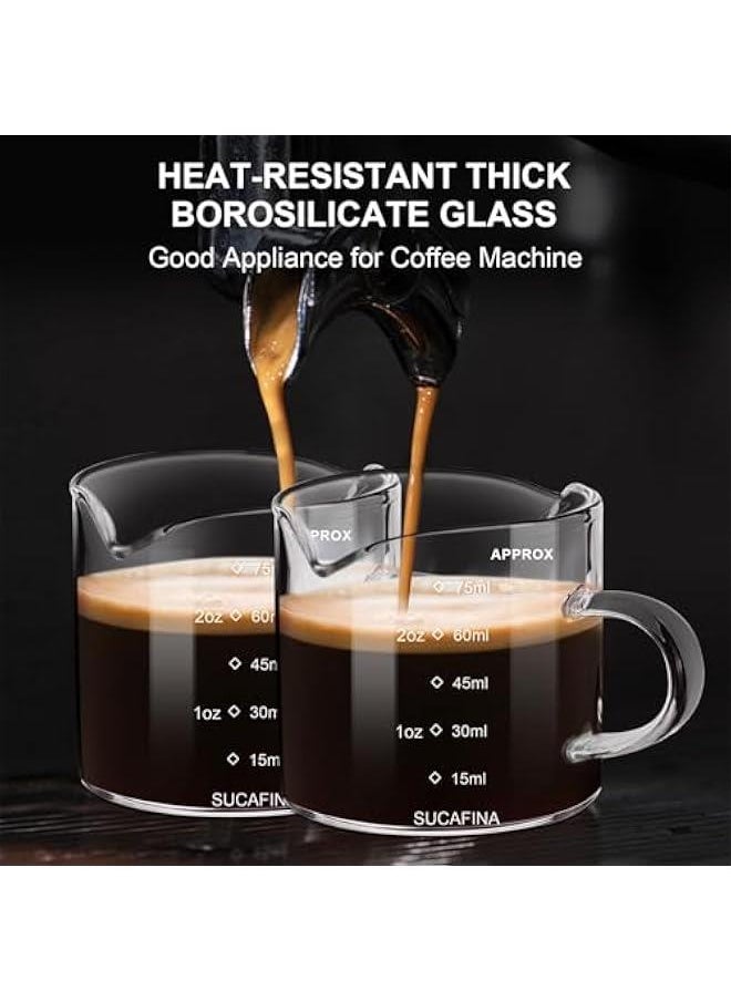 Espresso Cup with Handle set of 2, Double Spout Glass Measuring Cup with Dual Scale, Espresso Shot Glass with V-Shaped Mouth, Clear Glass Milk Frothing Pitcher, Espresso Accessories