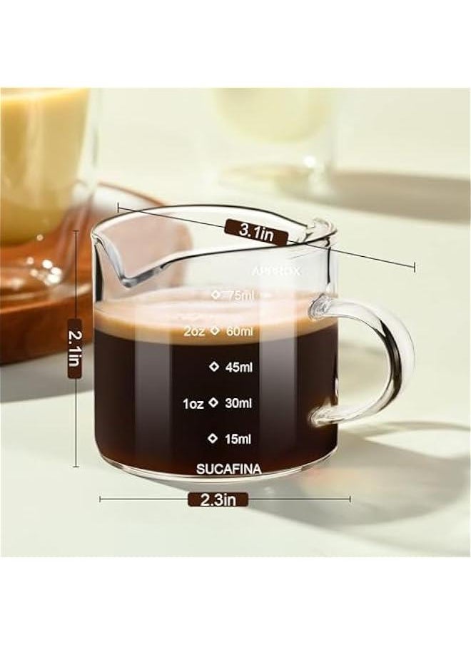 Espresso Cup with Handle set of 2, Double Spout Glass Measuring Cup with Dual Scale, Espresso Shot Glass with V-Shaped Mouth, Clear Glass Milk Frothing Pitcher, Espresso Accessories