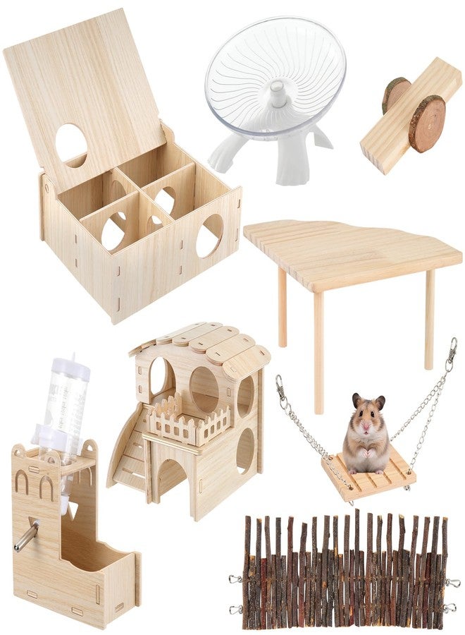 Foxtell Hamster Toys Complete Set - Noiseless Silent Exercise Wheel, Maze Wood House, Stand, Chew Toys & Water Bottle Cage Accessories for Hamster, Rat, Mice Small Animal Habitat - Image 1