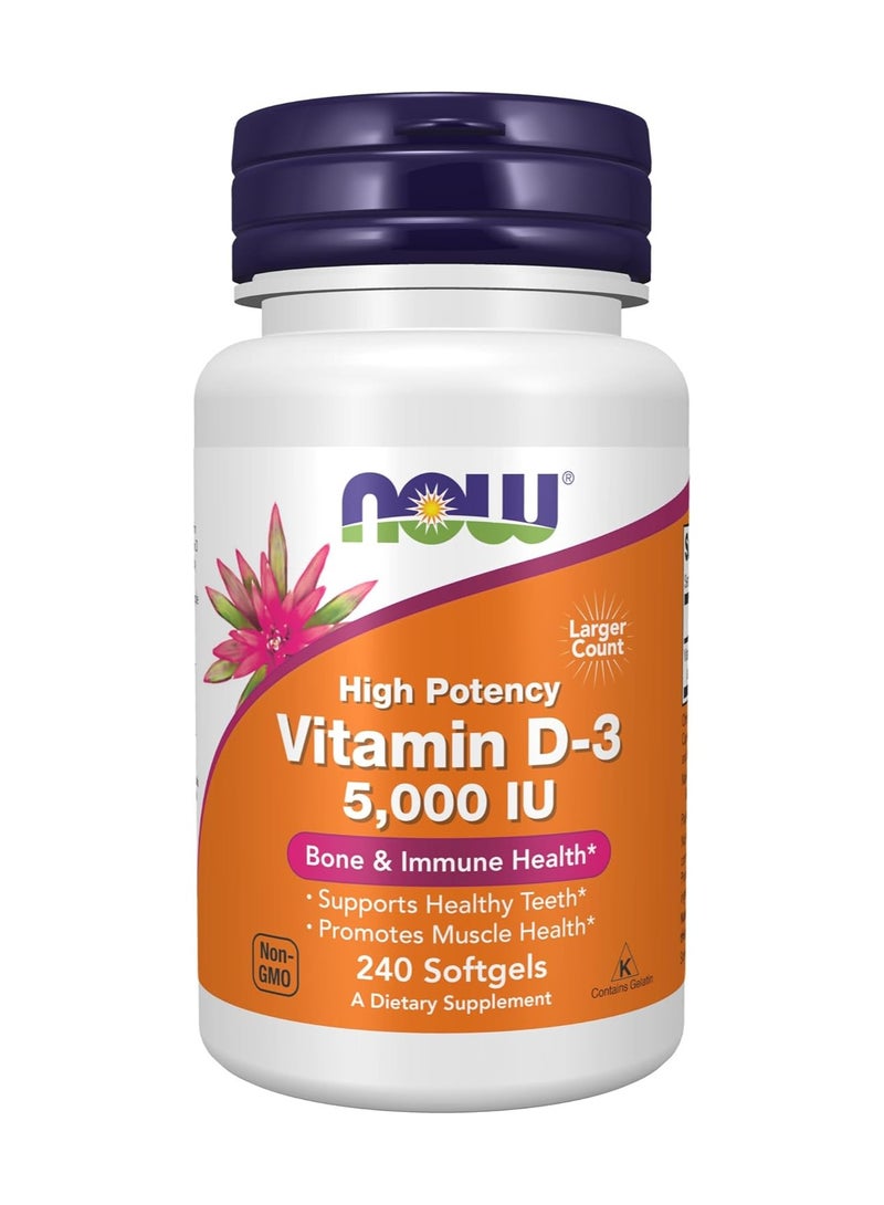 now مكملات NOW Foods، فيتامين D-3 5,000 وحدة دولية، قوة عالية، دعم هيكلي*، 240 كبسولة لينة - Image 1