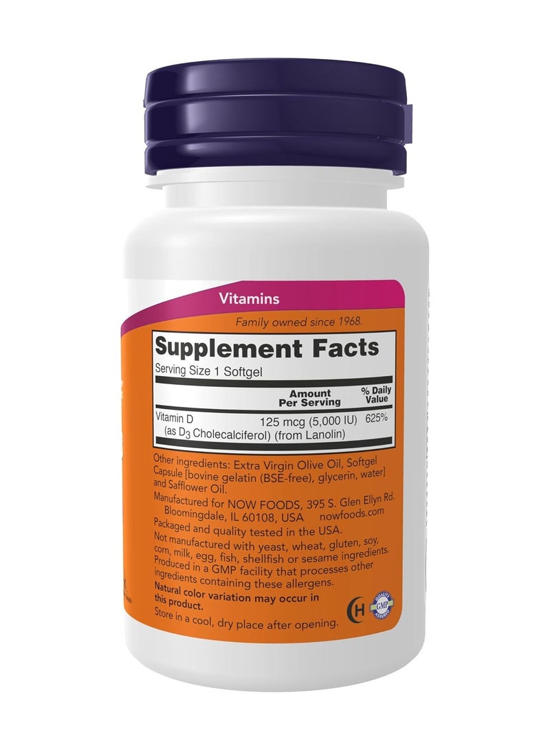 now مكملات NOW Foods، فيتامين D-3 5,000 وحدة دولية، قوة عالية، دعم هيكلي*، 240 كبسولة لينة - Image 2
