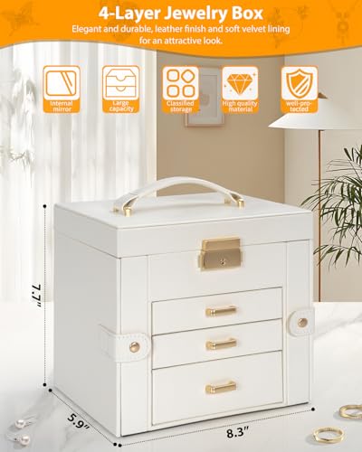 AKOZLIN 4Tier Jewelry Box Leather Jewelry Storage Organizer with 3 Drawers Lockable for Women Girls Ring Necklace Earring Bracelet Holder with Mirror White - Image 3