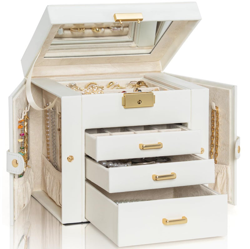AKOZLIN 4Tier Jewelry Box Leather Jewelry Storage Organizer with 3 Drawers Lockable for Women Girls Ring Necklace Earring Bracelet Holder with Mirror White - Image 2