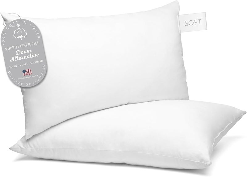Digital Decor 100% Cotton Hotel Pillows, U.S. Made Hypoallergenic Pillows with Down Alternative Fiber Fill for Side & Back Sleepers, Set of 2, Three Comfort Levels, (Soft, Medium, Firm) Soft - Image 1