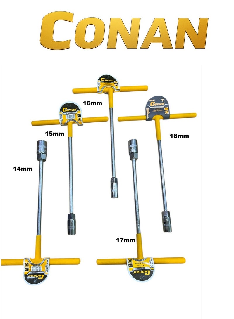 CONAN T-Handle Socket Wrench Set – 5 Pcs (14 mm / 15 mm / 16 mm / 17 mm / 18 mm) – Size 200×310 mm – Heavy-Duty Cr-V Steel – Non-Slip Coated Handle – Professional Workshop & Maintenance Design – Models COT5814 / COT5815 / COT5816 / COT5817 / COT5818 - Image 1