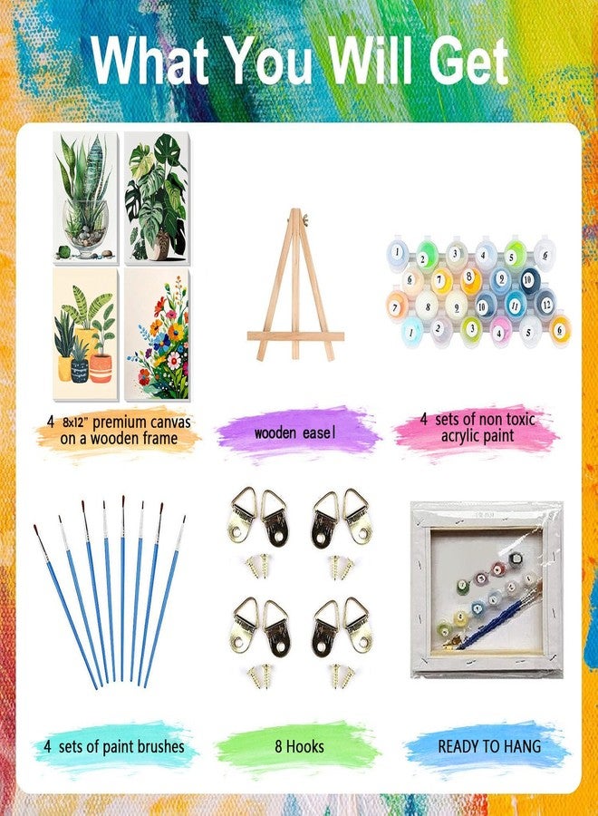 xackcme 4 Pack Paint by Numbers for Adults with Framed Canvas - with Wooden Easel, Plant Paint by Number for Beginners, Easy Flowers Acrylic Oil Painting on Canvas with Brushes for Home Wall Decor (8x12 inch) - Image 4