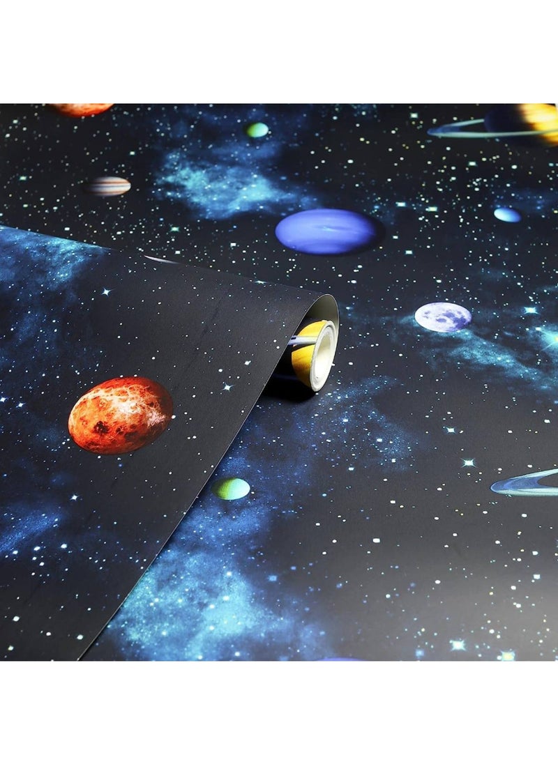 BPA - Kids Cosmos Space Planets Charcoal Gray Wallpaper - Twinkling Stars on a Midnight Background with Green Accents - Amazing 3D Effect - Ideal for Teenager Bedroom - Image 1