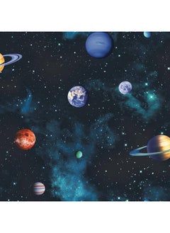 Kids Cosmos Space Planets Charcoal Gray Wallpaper - Twinkling Stars on a Midnight Background with Green Accents - Amazing 3D Effect - Ideal for Teenager Bedroom