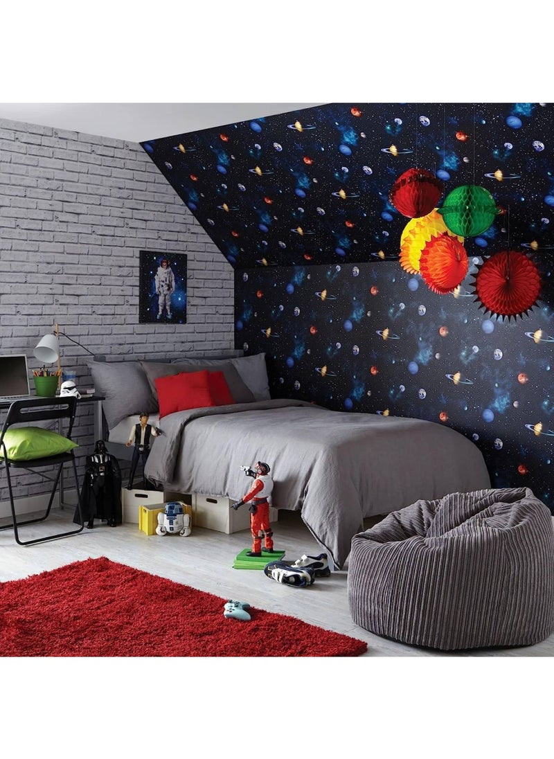 BPA - Kids Cosmos Space Planets Charcoal Gray Wallpaper - Twinkling Stars on a Midnight Background with Green Accents - Amazing 3D Effect - Ideal for Teenager Bedroom - Image 1